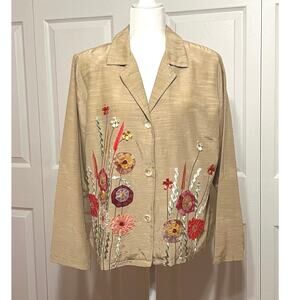 Alex Kim women’s PL floral applique & ribbon on light tan cotton/rayon blend